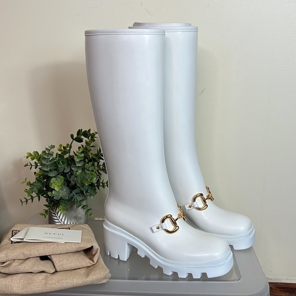 New Gucci Trip Horsebit-detailed Rubber Rain Boots White Size 35 - Picture 5 of 10